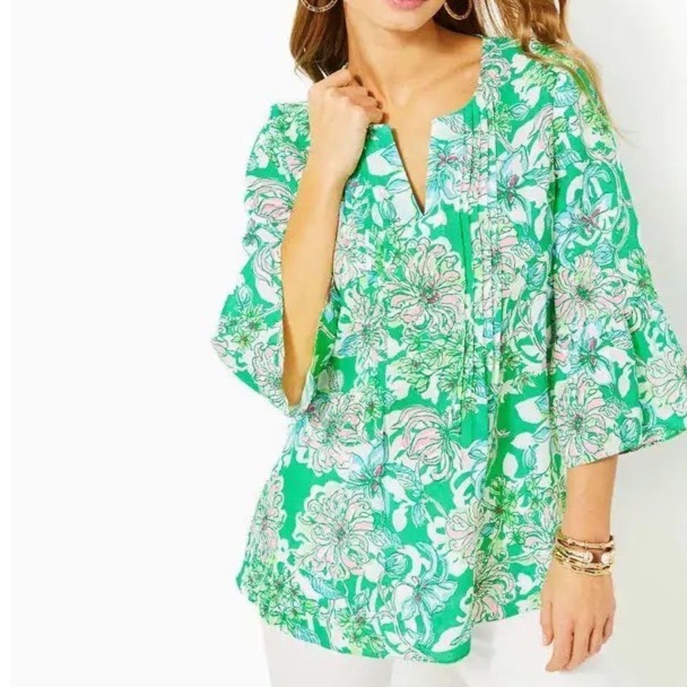 Lilly Pulitzer Hollie Linen Tunic Top Spearmint Blossom Views Floral  - Large